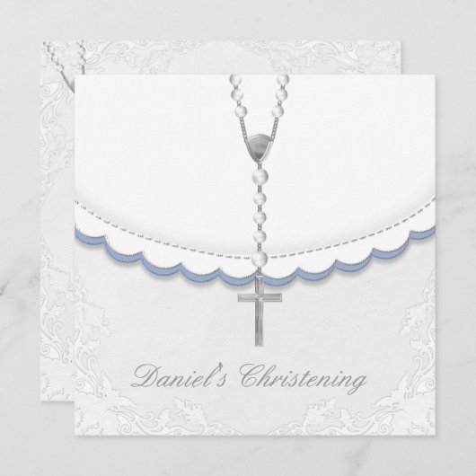 ボーズブルーとグレーの《キリスト教》洗礼式や命名式招待状 招待状 (正面/裏面)