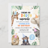 ボーズブルーバルーンサファリパーティー動物誕生日 招待状 (正面)