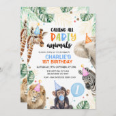 ボーズブルーバルーンサファリパーティー動物誕生日 招待状 (正面/裏面)