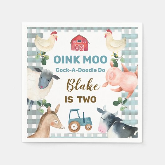 ボーズブルーファームアニマルズトラクター誕生日ナプキン スタンダードカクテルナプキン (正面)