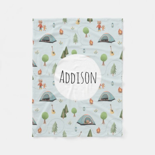 ボーズブルーフォレストベアキャンピングパターン名キッズ フリースブランケット (正面)