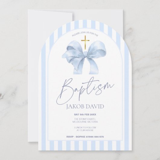 ボーズブルーボウとアーチバプテストライプィスマ招待状 招待状 (正面)