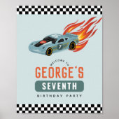 ボーズブルーレーシングカー子供の誕生日ウェルカムサイン ポスター (正面)