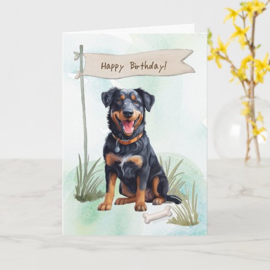 ボーセロンは外で誕生日標識の下で犬を繁殖 カード (黄色い花)