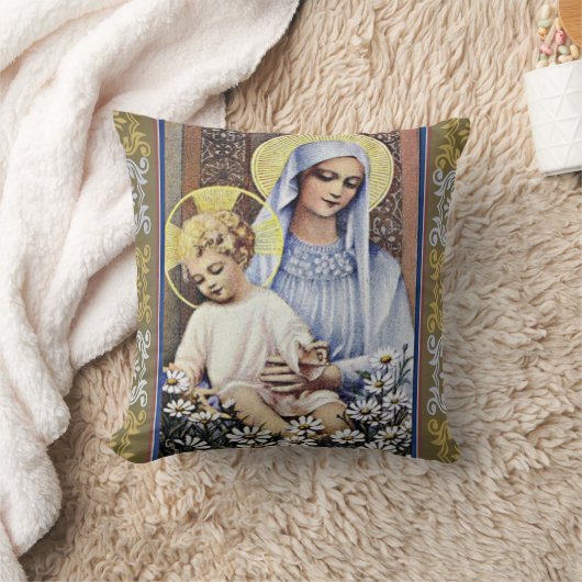 ボーダーを持つ金ゴールドか青く新しい把握ベビーイエス・キリスト クッション (ブランケット)