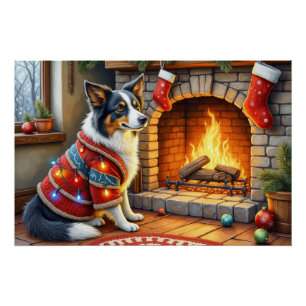 ボーダーコリーとクリスマスのライトが輝く暖炉 ポスター