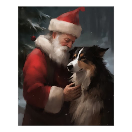 ボーダーコリーとサンタクロースのクリスマス ポスター (正面)