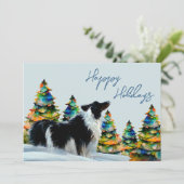 ボーダーコリーと冬の雪のクリスマスツリー シーズンカード (スタンド正面)