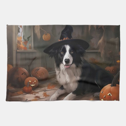 ボーダーコリーのかぼちゃ ハロウィーン スケアリー キッチンタオル (横)