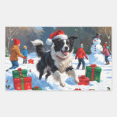ボーダーコリーのクリスマス スノーシーン 長方形シール (正面)