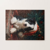 ボーダーコリーの子犬のクリスマス絵画ジグソーパズル ジグソーパズル (横)