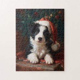 ボーダーコリーの子犬のクリスマス絵画ジグソーパズル ジグソーパズル