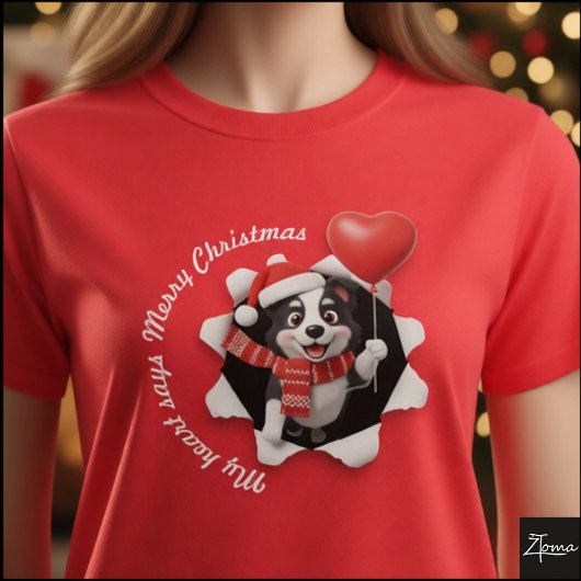 ボーダーコリーの子犬 クリスマス ハート スカーフ Tシャツ