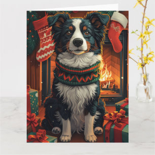 ボーダーコリーの犬とクリスマスプレゼントの暖炉 カード