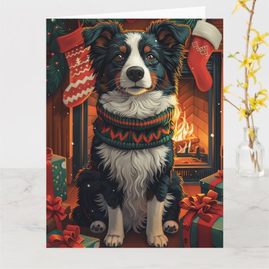 ボーダーコリーの犬とクリスマスプレゼントの暖炉 カード (黄色い花)