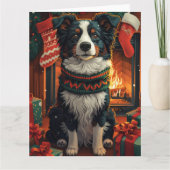 ボーダーコリーの犬とクリスマスプレゼントの暖炉 カード (正面)