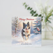 ボーダーコリーの犬と雪のメリークリスマス シーズンカード (スタンド正面)