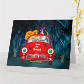 ボーダーコリー犬が車を運転する怖いハロウィン カード (黄色い花)