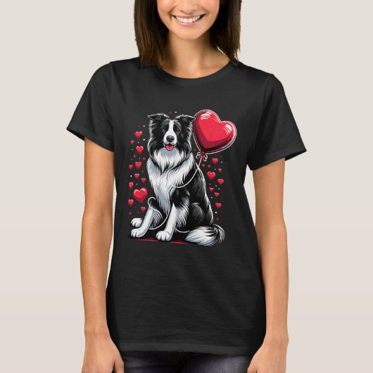 ボーダーコリー犬バレンタインデー犬オーナーバレンタイン Tシャツ (正面)