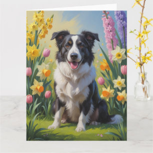 ボーダーコリー犬 春の花の絵 カード