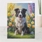 ボーダーコリー犬 春の花 絵画 カード (正面)