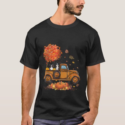 ボーダーコリー かぼちゃ トラック 秋の葉 紅葉 Tシャツ (正面)