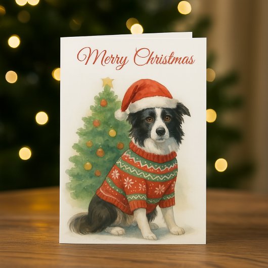 ボーダーコリー クリスマス サンタ帽子とツリー