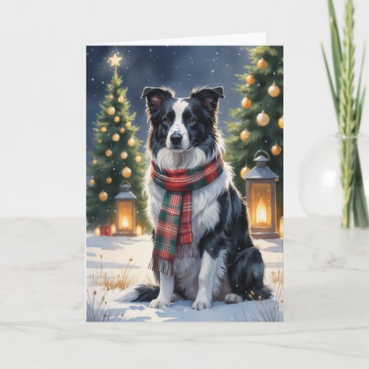 ボーダーコリー クリスマス スノーシーン 水彩画 カード (正面)