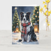 ボーダーコリー クリスマス スノーシーン 水彩画 カード (黄色い花)