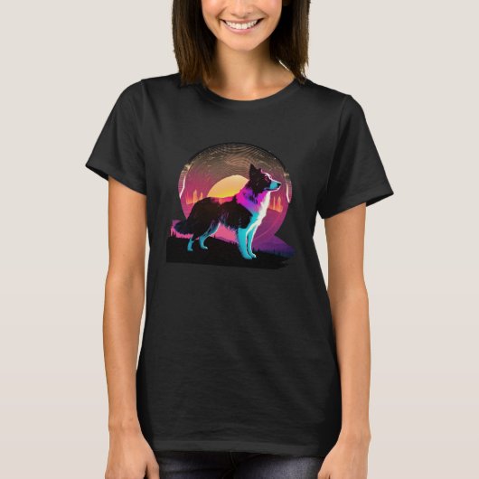 ボーダーコリー シンスウェイブ 80年代 レトロウェーブ美学 Tシャツ (正面)