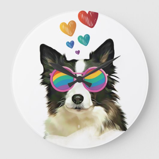 ボーダーコリー ハートの犬 バレンタインデー ラージ壁時計 (正面)