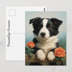 ボーダーコリー モダン かわいい 子犬の肖像画 ローズ ポストカード
