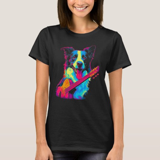 ボーダーコリー 犬 ギター Tシャツ (正面)