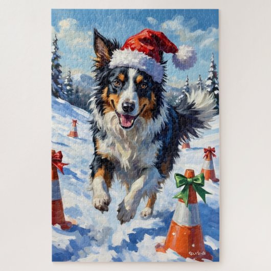ボーダーコリー 犬 クリスマス スノー アジリティ 楽しい ジグソーパズル (縦)