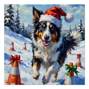 ボーダーコリー 犬 クリスマス スノー アジリティ 楽しい ポスター