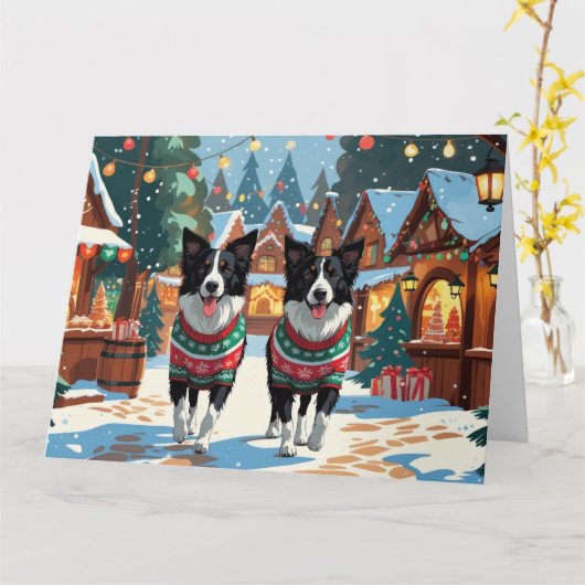 ボーダーコリー 犬 クリスマス スノー ホリデー カード (黄色い花)