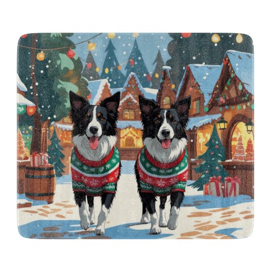 ボーダーコリー 犬 クリスマス 雪 冬の休日 カッティングボード (正面)