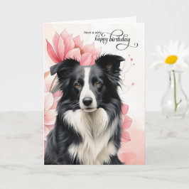 ボーダーコリー 犬 ピンクの植物の花 誕生日 カード