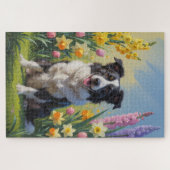 ボーダーコリー 犬 春の花 絵画 ジグソーパズル (横)