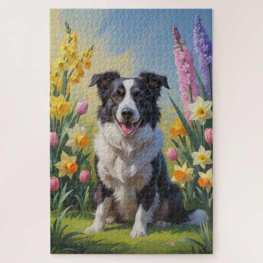 ボーダーコリー 犬 春の花 絵画 ジグソーパズル (縦)