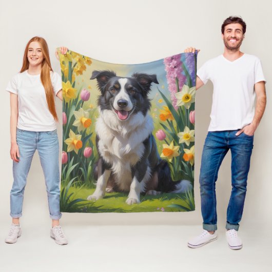 ボーダーコリー 犬 春の花 絵画 フリースブランケット (インサイチュ)