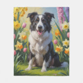 ボーダーコリー 犬 春の花 絵画 フリースブランケット (正面)