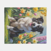 ボーダーコリー 犬 春の花 絵画 フリースブランケット (正面(横))