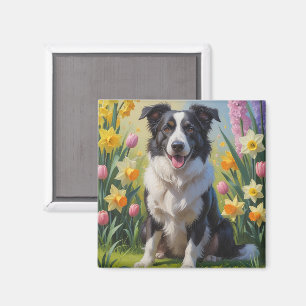 ボーダーコリー 犬 春の花 絵画 マグネット