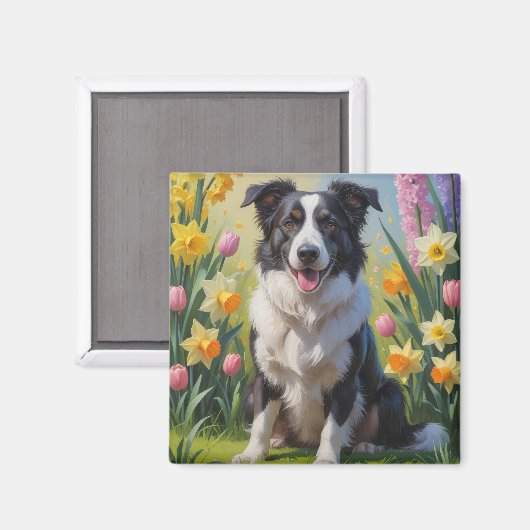 ボーダーコリー 犬 春の花 絵画 マグネット (正面/裏面)