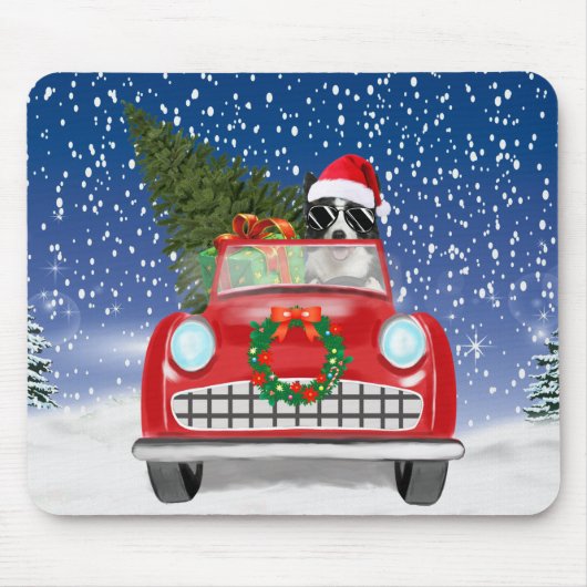 ボーダーコリー 犬 雪の中で車を運転 クリスマス マウスパッド (正面)