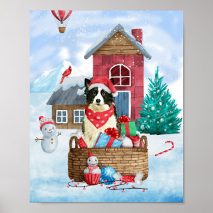ボーダーコリー 犬 雪の中 クリスマス ドッグハウス ポスター