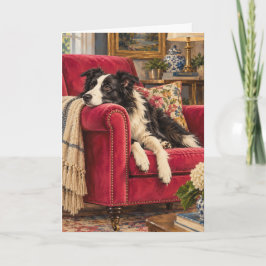 ボーダーコリー 赤いアームチェアに座る優雅な犬の絵画  カード