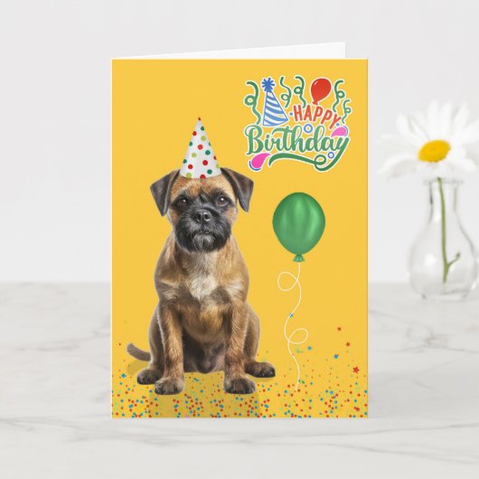 ボーダーテリアの犬パーティーハット黄色い誕生日 カード (小さな植物)