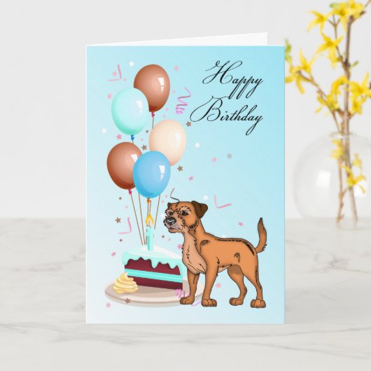 ボーダーテリアの青い誕生日の挨拶状 カード (黄色い花)